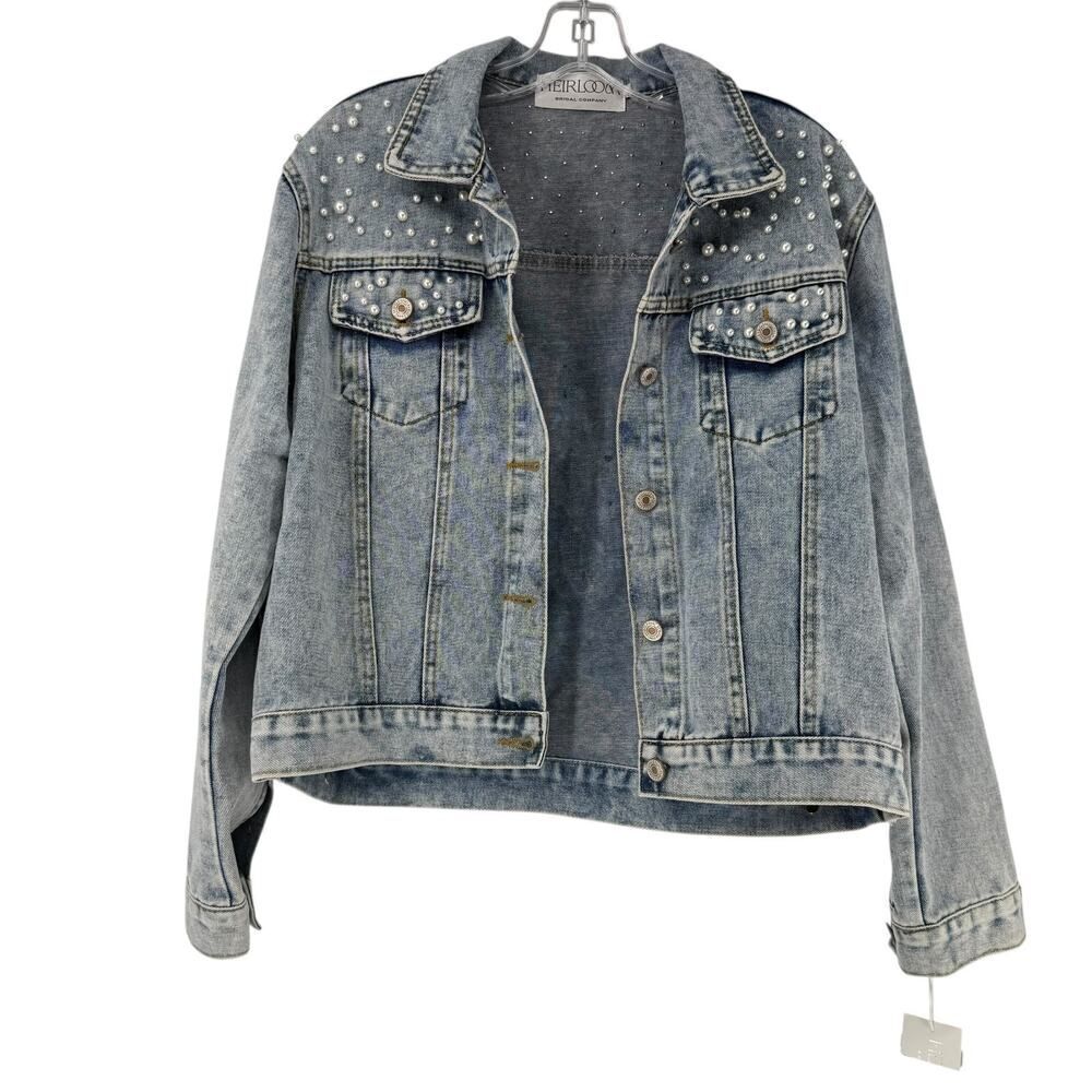 Heirloom Bridal Wifey Blue Jean Denim Jacket Pearl Beaded Seed Beading Small NEW - Picture 10 of 10